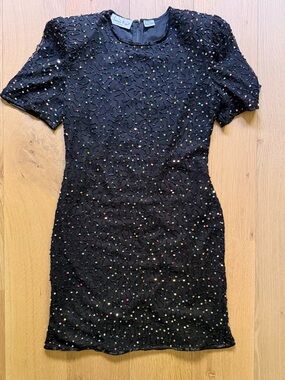 Vintage Laurence Kazar Silk Beaded Dress Black Sequin Cocktail Party Size L